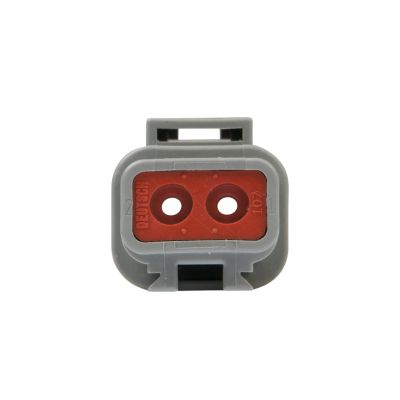 Gray and red DEUTSCH 2-way DTP Series receptacle showing two circular pin openings and a rectangular body.