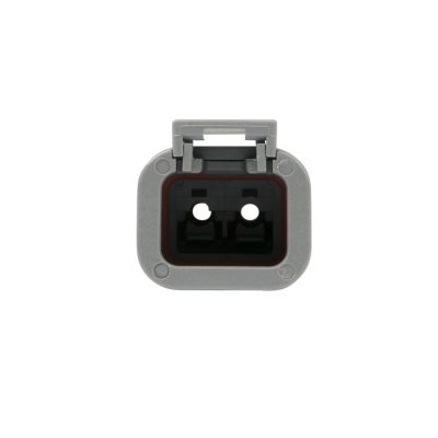 Gray DEUTSCH DTP Series 2-Way Receptacle with a square design and two front connector slots for reliable connectivity.