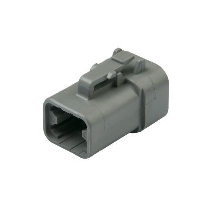 Gray Deutsch DTP06-4S, 4-way plug connector with a sturdy rectangular design, ideal for secure electrical connections.