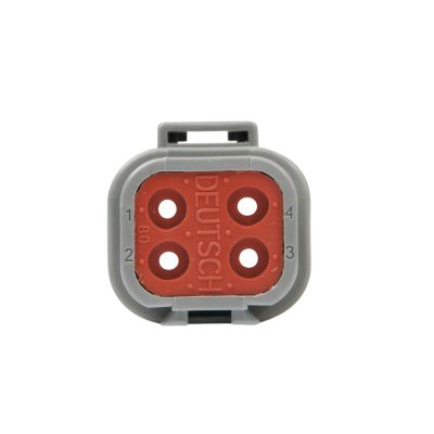 DEUTSCH DTP Series 4-Way Receptacle, gray housing with red seal, four ports.