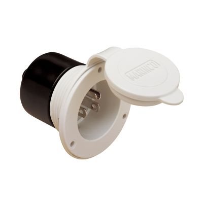 White RV inlet with a flip-up cover, designed for power connection. Features durable construction and standard plug interface.