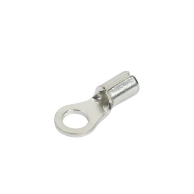 Non-insulated copper tin-plated ring terminal with a circular attachment point and a crimp end for secure connections.