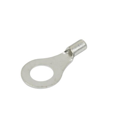 Non-insulated tin-plated copper ring terminal with hole for stud connection, suitable for 22-18 gauge wires.