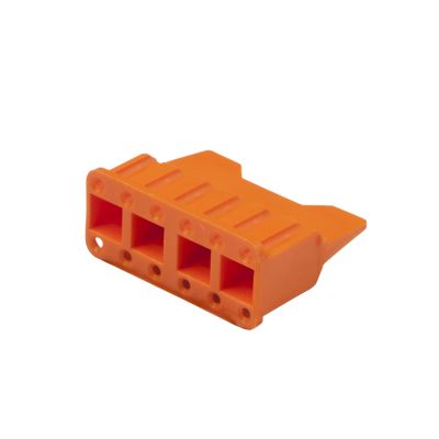 Orange Deutsch WM-12S, DTM 12-way plug wedge, showcasing connector design with visible slots and angled edge.