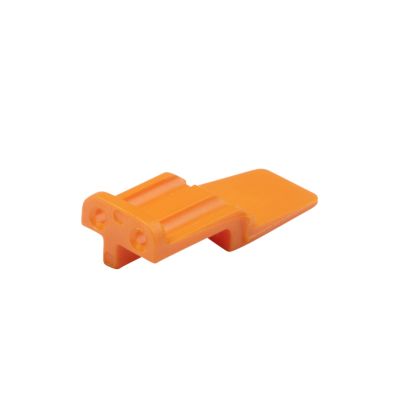 Orange Deutsch WM-2S, DTM 2-way plug wedge on white background, showcasing its angled design and dual slots.