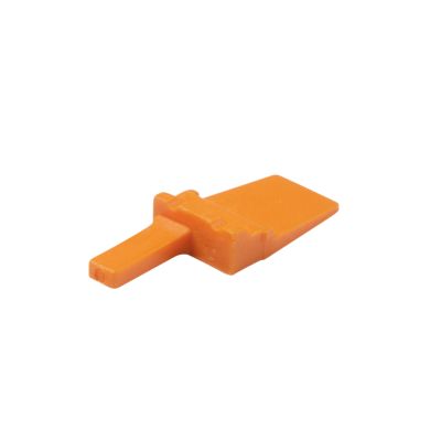 Orange Deutsch WM-2P, DTM 2-way receptacle wedge shown against a white background, highlighting its shape and color.