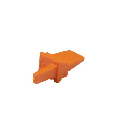 Orange Deutsch WM-4P, DTM 4-way receptacle wedge with a pointed design on a white background.