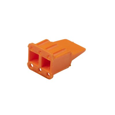 Orange Deutsch DTM 6-way plug wedge with dual slots and textured surface for secure electrical connections.