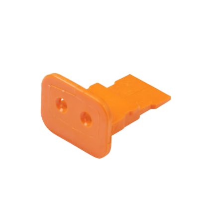 Orange Deutsch W2S DT 2-way plug wedge, featuring a compact design with two round openings. Ideal for secure connections.