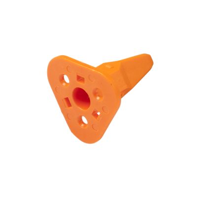 Orange Deutsch W3S DT 3-way plug wedge with a triangular shape and multiple holes for electrical connections.