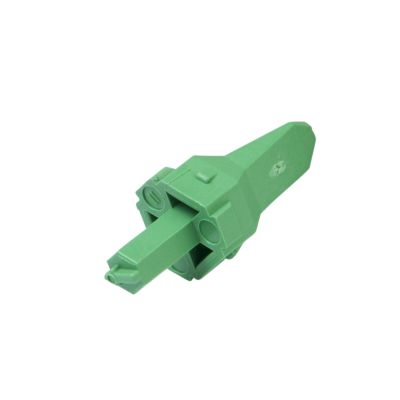 Green Deutsch W3P DT 3-way receptacle wedge connector on white background, showcasing its angled design and compatibility ports.
