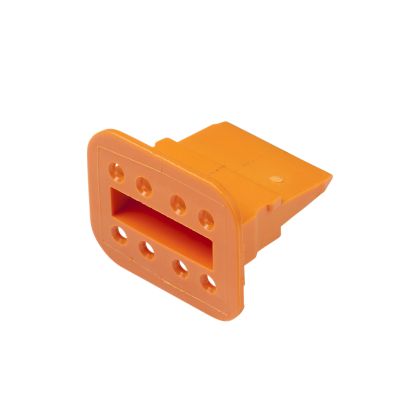 Orange Deutsch W8S DT 8-way plug wedge with rectangular body and multiple slots for secure cable connections.