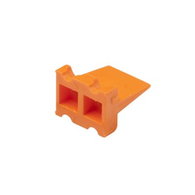 Orange Deutsch WP-4P, DTP 4-way receptacle wedge with dual openings and angled design for secure connections.