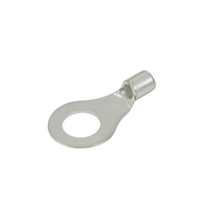 Copper tin-plated ring terminal for 16-14 gauge wire, featuring a 1/4-inch stud hole, non-insulated for secure connections.