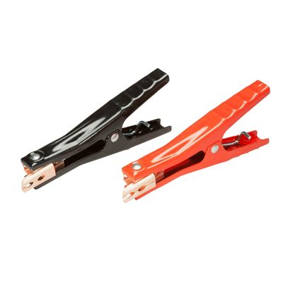 Vinyl coated cable clamps in red and black, ideal for heavy-duty connections, shown in a pack of two.