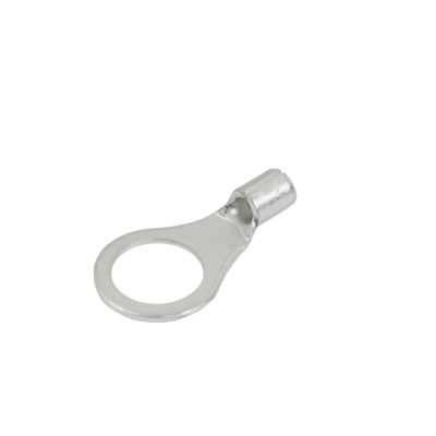 Non-insulated copper tin plated ring terminal with a circular opening and cylindrical end, suitable for electrical connections.