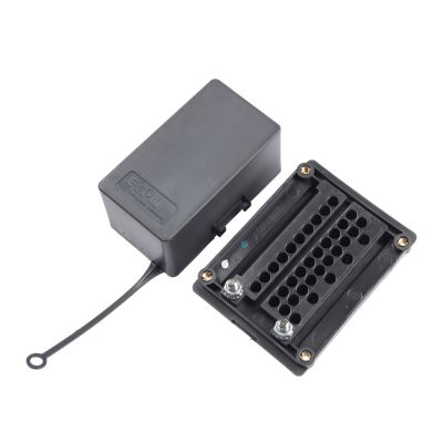 Bottom view of sealed Eaton Bussmann fuse and relay panel with black cover, featuring slots for MINI fuses and MICRO 280 relays.
