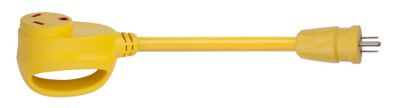 Yellow dogbone adapter with a 15A male plug and 30A female socket, featuring an ergonomic handle design and durable construction.
