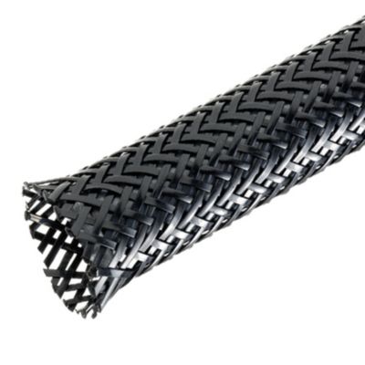 Black expandable sleeving with braided design, showcasing durable and flexible protection for cables.