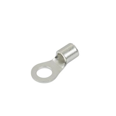 Non-insulated copper tin-plated ring terminal for 10 stud, fits 12-10 gauge wires, ideal for electrical connections.