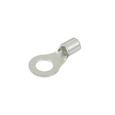 Non-insulated copper tin-plated ring terminal with circular eyelet for electrical connections on stud.