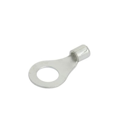 Non-insulated copper tin plated ring terminal with an open loop and cylindrical connector for secure wire attachment.