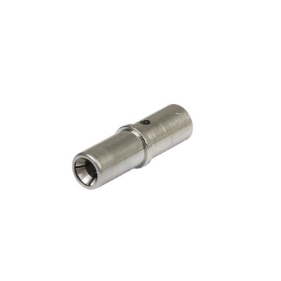 Nickel DTHD socket contact, solid construction, size 8, side view, suitable for 10-8 Ga electrical applications.