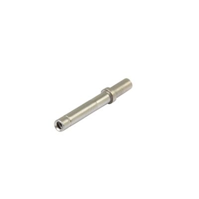 Nickel-plated Deutsch DTM socket contact, solid, for 18-16 gauge connections, showcasing precision engineering.