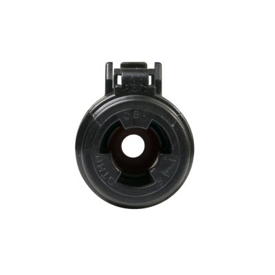 Black DEUTSCH DTHD Series Plug, Size 4, featuring a circular design with a central hole and secure locking mechanism.