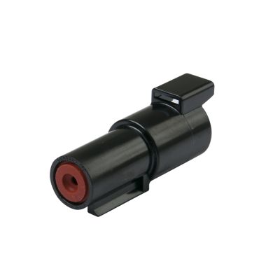 Black Deutsch DTHD receptacle with a cylindrical design and a red connector, suitable for automotive or industrial use.