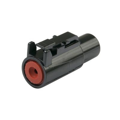 Deutsch DTHD06-1-12S plug connector with black cylindrical body and red inner ring for secure electronic connections.