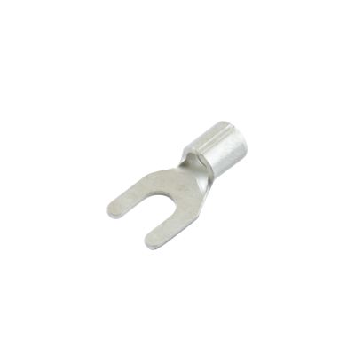 Non-insulated spade terminal for 6 stud, 12-10 gauge wires, featuring a forked design for electrical connections.