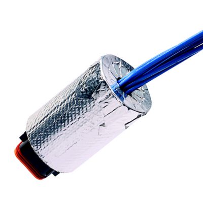 ThermaShield Connector Shield with blue wires encased in a reflective, tubular protector.
