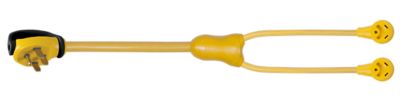 Yellow Y Adapter with a 50 Amp plug and dual 30 Amp connectors for versatile power distribution.
