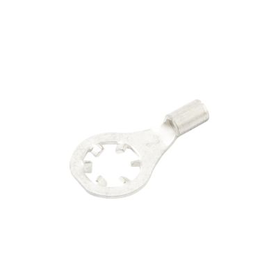 Non-insulated star ring terminal for 8 stud, 22-18 gauge, ideal for electrical connections, silver metallic finish.