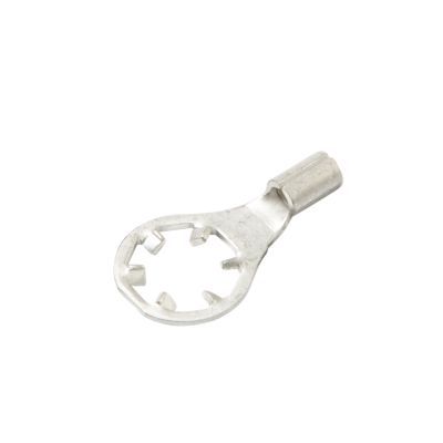 Non-insulated metal star ring terminal with a circular stud and crimp connector for electrical wiring.