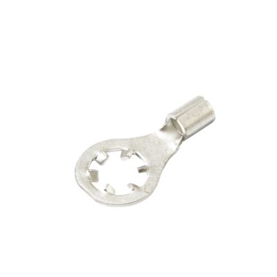 Non-insulated star ring terminal for 8 stud and 16-14 gauge wires, showcasing its durable metallic construction.