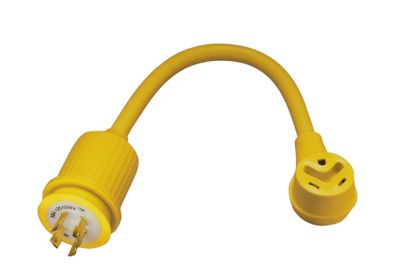 Yellow generator adapter with locking and straight connectors, flexible cord design for versatile power connection.