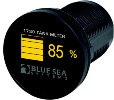 Blue Sea Systems Mini OLED Tank Meter displaying 85% in bright yellow with a sleek, compact design.