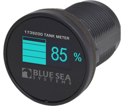 Mini OLED tank meter by Blue Sea Systems, showing 85% on a sleek digital display with a blue theme.