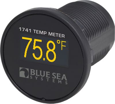 Blue Sea Systems 1741-BSS Mini OLED Temperature Meter displaying 75.8¬∞F with a bright, readable yellow display.