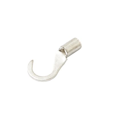 Non-insulated hook terminal for electrical applications, compatible with 10 stud and 22-18 gauge wire connections.
