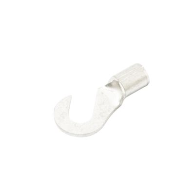 Non-Insulated Hook Terminal for 6 Stud, 16-14 Gauge Wiring, featuring a durable metal design for secure electrical connections.