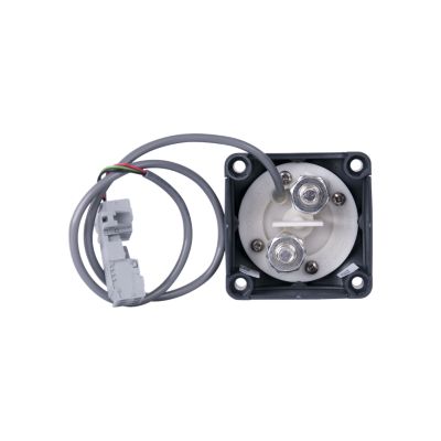 Continuous motorized battery switch with wiring, featuring a compact rectangular design and sturdy metal connectors.