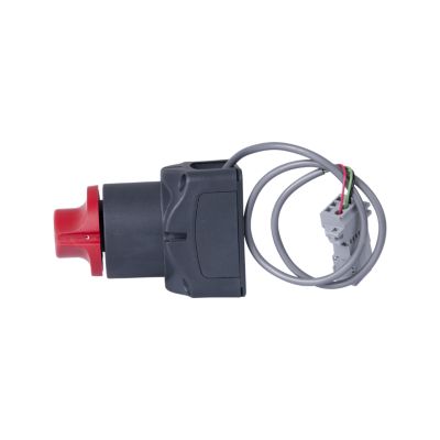 Motorized battery switch with red knob, black housing, and attached cables for continuous operation.