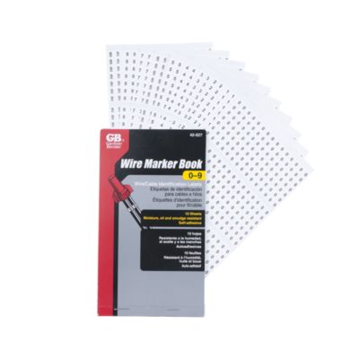 Gardner Bender ECM 42-027 wire marker book with numbered stickers 0-9 displayed in a fan pattern on a white background.