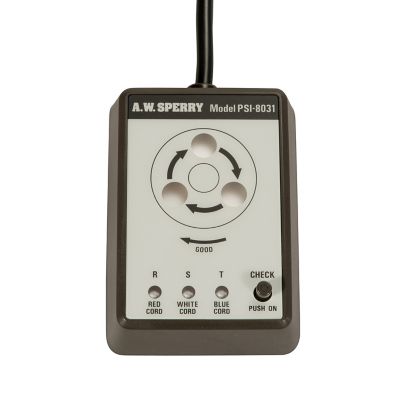 Sperry Instruments PSI8031 Phase Sequence Indicator with cord inputs, labeled buttons, and circular arrow diagram.