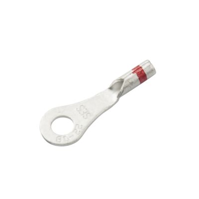 Non-insulated long neck ring terminal with 8 stud hole for 22-18 gauge wires, featuring a durable metallic finish.