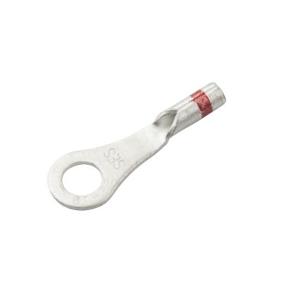 Non-insulated long neck ring terminal, silver metal finish, circular loop with a red band accent for cable connections.