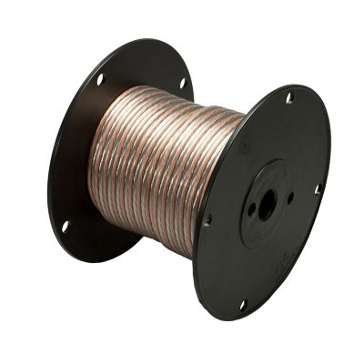 Clear speaker wire on a spool, featuring copper strands wrapped neatly, ideal for audio connections and installations.